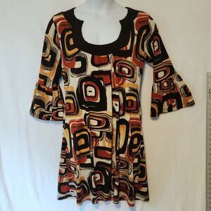 Ilu Ilu Women's XL Geometric A-Line Dress Bell 3/4 Sleeves Brown Orange